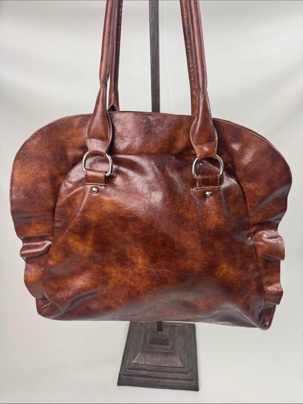 Vintage Classic Brown Tote Faux leather Shoulder Bag Ruffles Zip lined